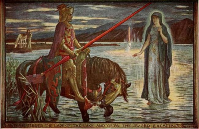 Arthur, Gölün Leydisi ile tanışır ve Excalibur kılıcını alır (Tales of romance, 1906)