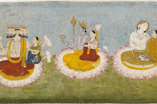 Brahma,_Vishnu_and_Shiva_seated_on_lotuses_with_their_consorts,_ca1770-min