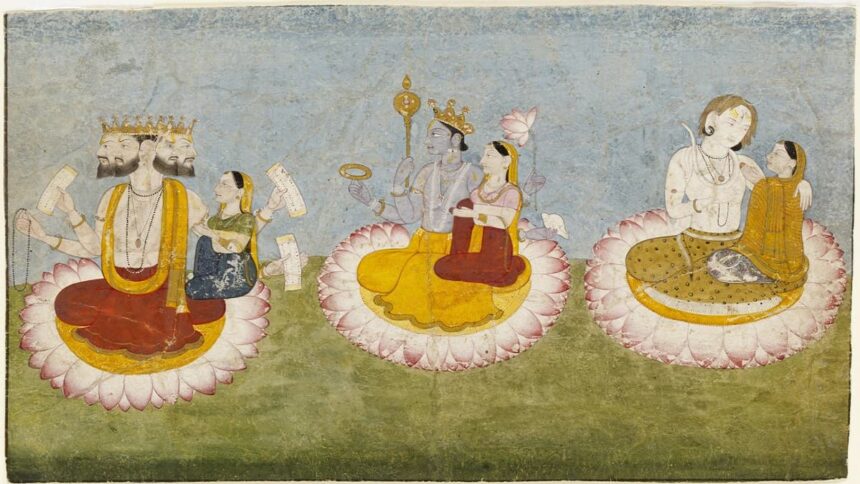 Brahma,_Vishnu_and_Shiva_seated_on_lotuses_with_their_consorts,_ca1770-min