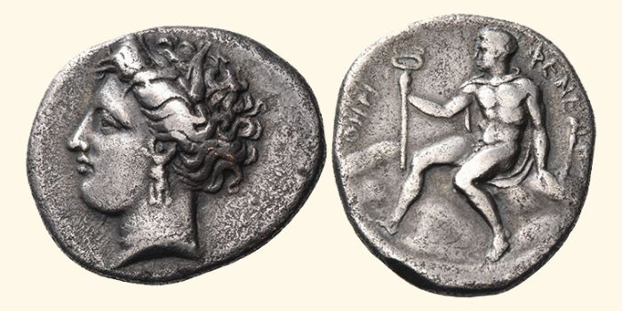 Arkadya'nın kuzeydoğusundaki Yunan Pheneos kasabasının gümüş parası. Sağda Hermes (MÖ 350).