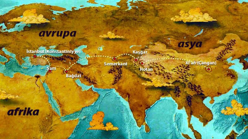 Çin'in Çangan kentinden Taklamakan Çölü'nü ve Pamir Dağları'nı aşarak Bağdat'a ulaşan ve Avrupa'ya açılan İpek Yolu. 