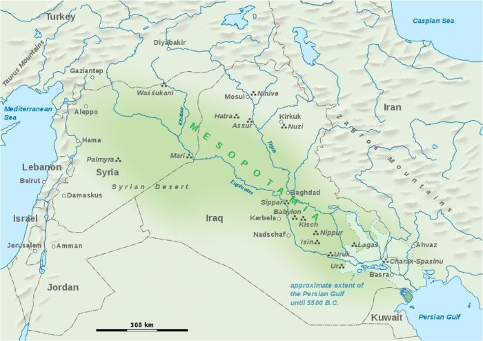 Mezopotamya haritasına bakıldığında kuzeyden güneye Washukanni, Ninova, Hatra, Assur, Nuzi, Palmira, Mari, Sippar, Babil, Kiş, Nippur, İsin, Lagaş, Uruk, Charax Spasinu ve Ur görülür.