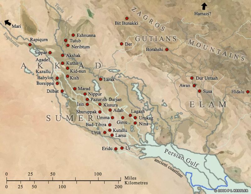 Antik Mezopotamya'daki bilinen zigguratların dağılımını gösteren harita: Çoğunun Dicle ve Fırat Nehirleri arasındaki bereketli bölgede olması dikkat çekicidir.