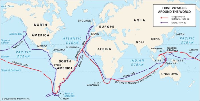 Ferdinand Macellan (1519–22) ve Francis Drake'in (1577–80) Atlantik Okyanusu boyunca dünya çevresinde izledikleri yolculuklar.