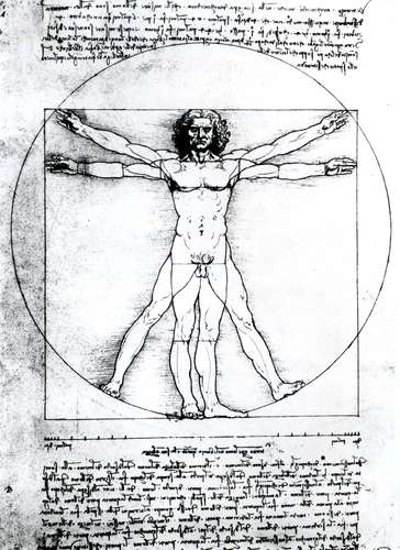 Vitruvian adam. Karakter Leonardo da Vinci tarafından Klasik Roma mimarı Vitruvius'un sunduğu ölçülere göre Güzel Sanatlar Akademisi, Venedik'te çizildi (1509). 