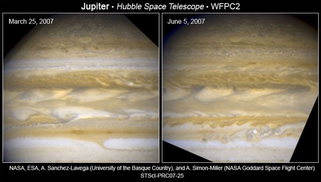 Hubble, Jüpiter'in çizgilerinin değiştiğini gösterir. Yüksek ve alçak rakımlı bulutlar yer değiştirmektedir ve şekilleri ve renkleri birbirinden farklıdır.
