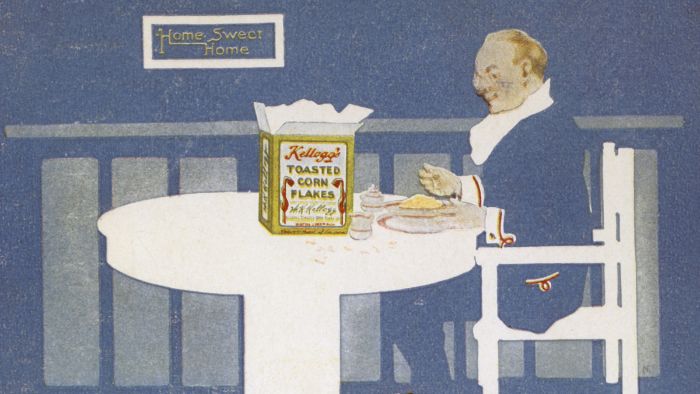 mısır gevreğinin tarihi: Kellogg'un Kızarmış Mısır Gevreği ürünü için hazırladığı 1920'lerden kalma bir reklam afişi.