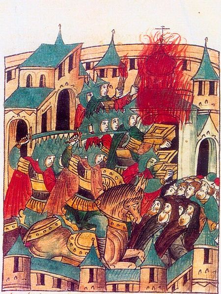 altın orda Moğolların 1238'deki Suzdal saldırısına ait MS 16. yüzyıl kronografi resmi.