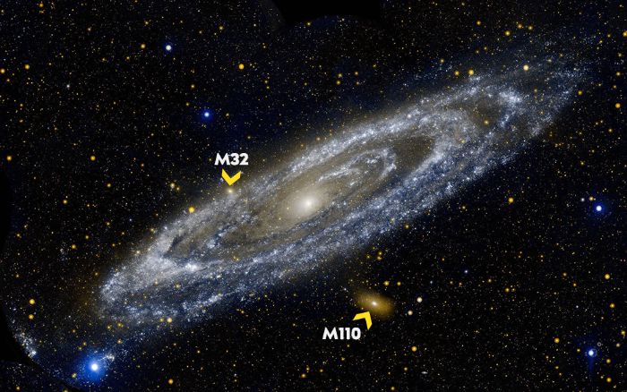 İki önemli komşu galaksisiyle birlikte Andromeda, Samanyolu gibi sarmal bir galaksidir.