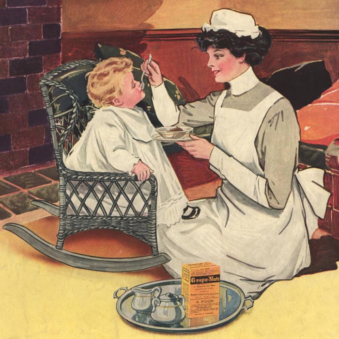 Grape-Nuts mısır gevreği için 20. yüzyılın başlarına ait bir reklam afişi.