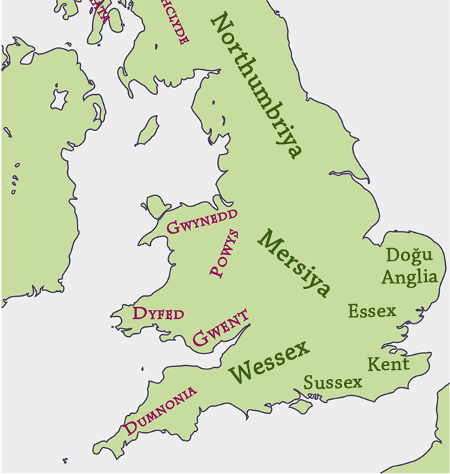 MS 800'de İngiltere'deki yedi krallık haritası.