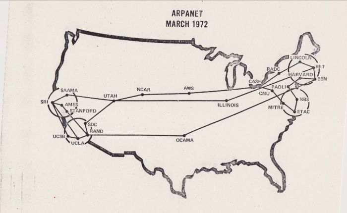 İlk internet olan ARPA ağının Mart 1972'deki haritası. 