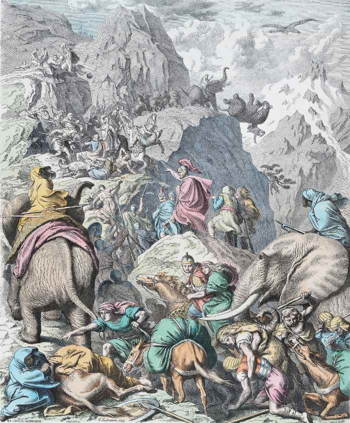 Hannibal ve ordusu Romalılara saldırmak için Alpleri geçerken.