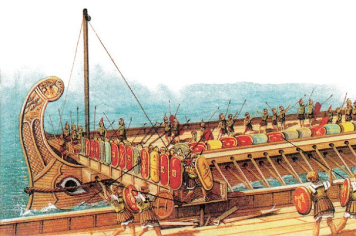 Mylae Savaşı'nda Roma, corvus isimli icadını kullanarak Kartaca gemisine çıkarma yapıyor. Roma, corvus ile 50 Kartaca gemisini batırdı.