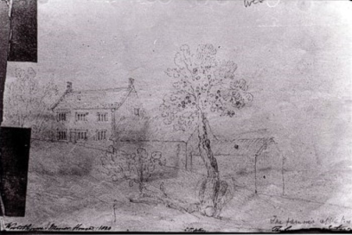 Newton'ın altına oturduğu ağacın malikaneye göre konumunu gösteren Charles Turnor çizimi.