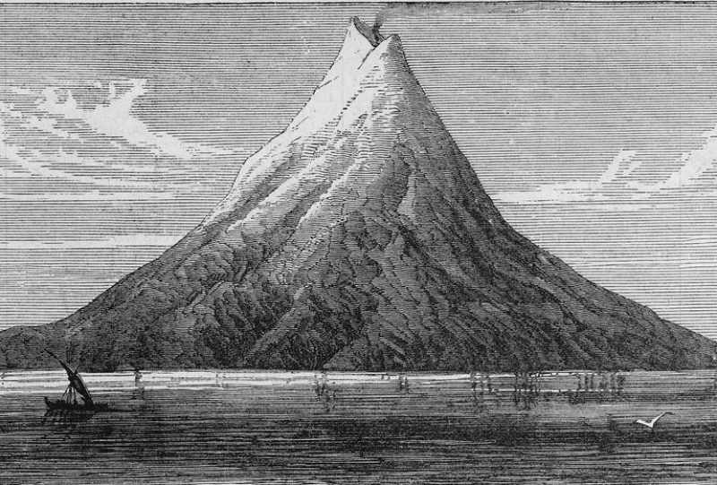 Krakatoa, 1883'teki patlamasından sonu çöktü. Volkanı önceki haliyle gösteren eski bir çizim.
