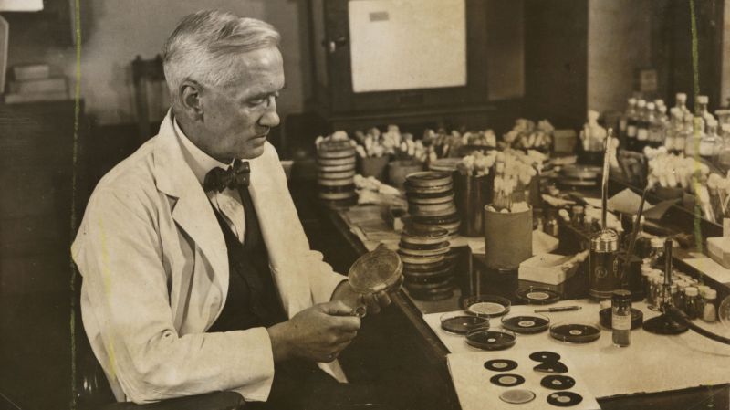 1928'de penisilini keşfeden Profesör Alexander Fleming, 1943'te laboratuvarında çalışırken.