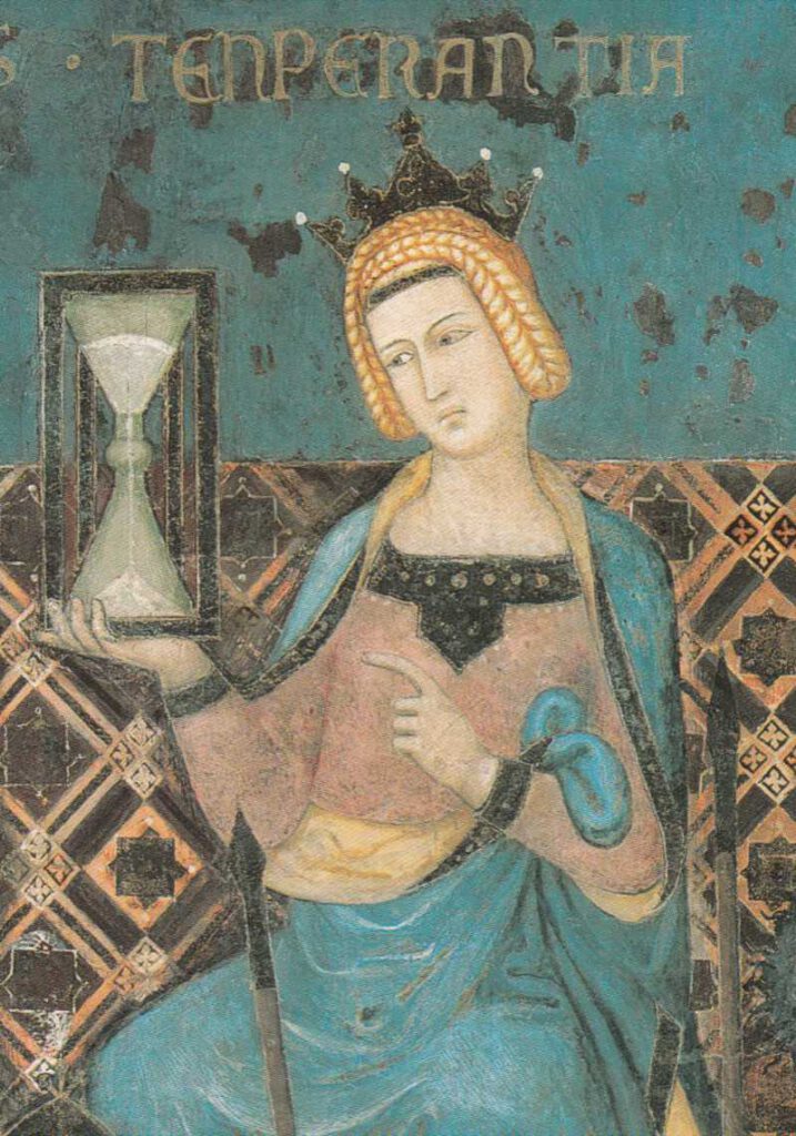 İtalyan ressam Ambrogio Lorenzetti'nin "İyi ve Kötü Yönetimin Alegorisi" isimli resmine ait tarihteki en eski kum saati çizimi, 1338. Üstte "Uyum" anlamına gelen Latince bir sözcük yer alıyor.