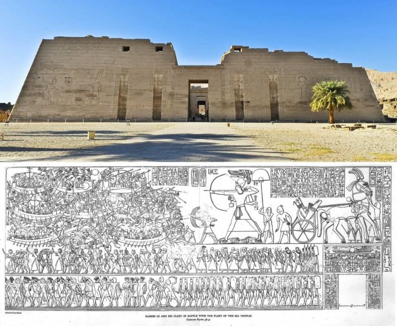 Medinet Habu tapınağında III. Ramses'in Deniz Kavimleri ile olan savaşının anlatıldığı MÖ 1170 çizimi.