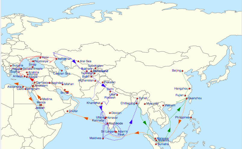İbn Battuta'nın yolculuk haritası.