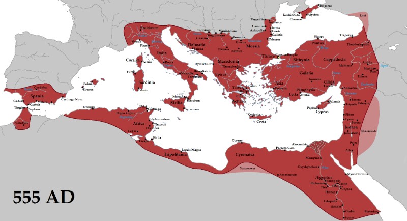 MS 555'te I. Justinianus'un yönetiminde Bizans İmparatorluğu haritası.