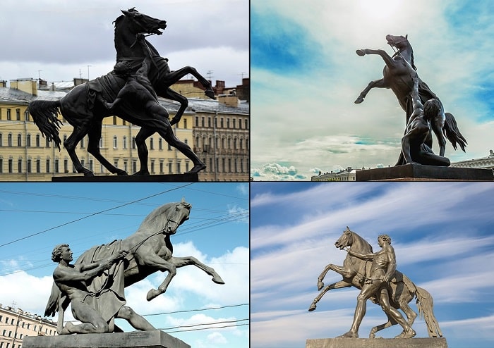 Anichkov köprüsünde Peter Clodt tarafından yapılan "The Horse Tamers" heykelleri