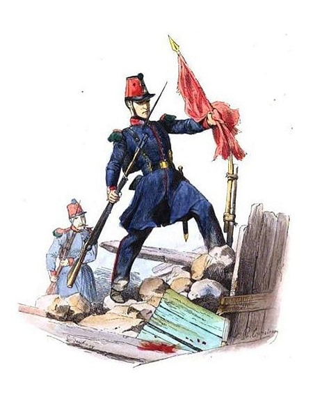 Fransız Ulusal Muhafız askeri, 1848 Devrimi sırasında bir kırmızı pankartı indiriyor