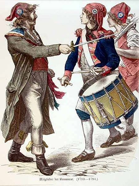 Frig şapkal ve üç renkli rozet takan Fransız devrimciler