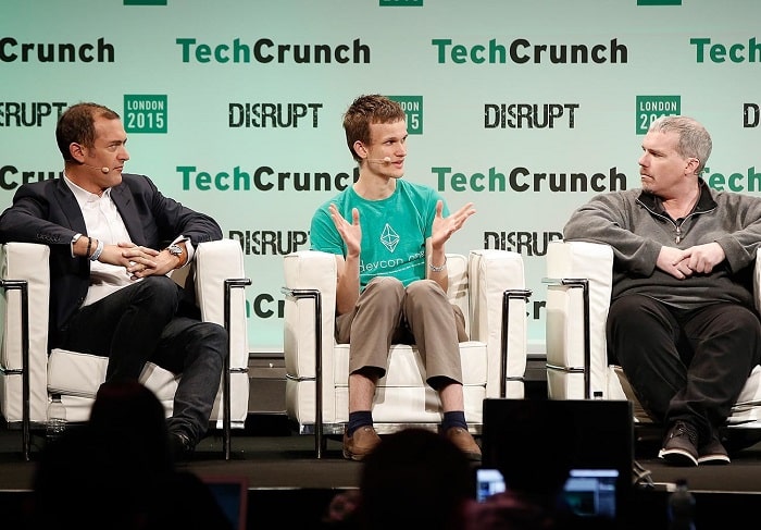 TechCrunch Disrupt London 2015 etkinliğinde Steve Waterhouse, Vitalik Buterin ve Austin Hill