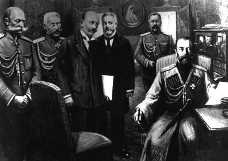 Nicholas II'nin tahttan çekilmesi. Soldan sağa: İmparatorluk Hanedanı Bakanı Kont Woldemar Freedericksz; General Nikolay Ruzskiy; Vasili Shulgin; Alexander Guchkov; Nicholas II.
