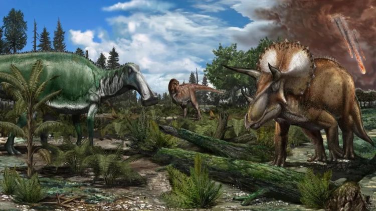 Dinozorların tarihi çeşitli hayvanları ele alan uzun bir zaman dilimini kapsıyor. Bu sanat eseri üzerinde Tyrannosaurus rex, Edmontosaurus ve Triceratops gibi dinozorların dolaştığı bir taşkın yatağını gösteriyor. Kuzey Amerika'daki geç Maastrihtiyen (~66 milyon yıl önce) paleoortamının çizimidir.