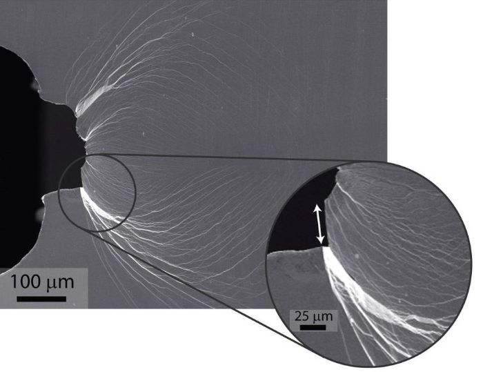 Paladyum bazlı metalik camdaki deforme olmuş çentiğin mikrografı, çatlağın yayılımını önlemiş plastik korumayı gösteriyor. Paladyum mikro alaşımı, bilinen herhangi bir malzemenin en yüksek birleşik mukavemetine ve tokluğuna sahip.