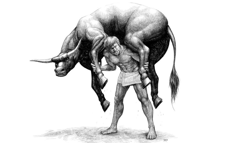 MÖ 6. yüzyılda yaşayan ertingü bir güce sahip Yunan güreşçi Krotonlu Milo'nun bu dayanıklılık antrenmanı modern zamanlarda da taklit edildi.
