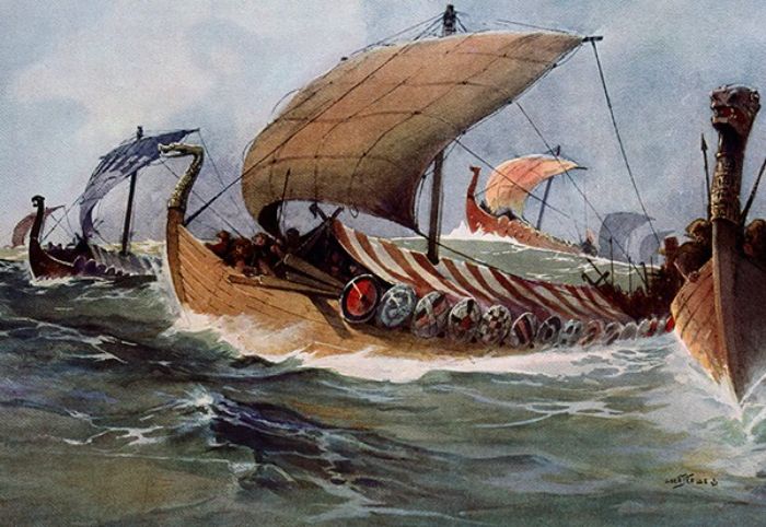 19./20. yüzyıl sanatçısı Albert Sebille'in hayal ettiği haliyle Viking uzun gemisi. Bu savaş gemileri, tüm Viking gemilerinin en ünlüsü ve aynı zamanda döneminin en sofistike olanıydı