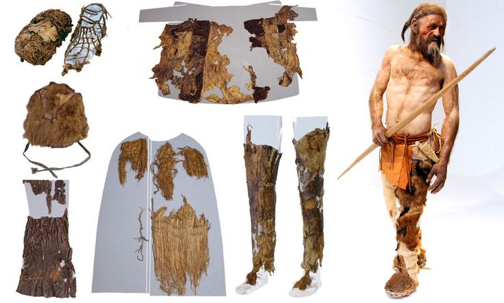 Bir pelerin ve torba dahil Ötzi'nin giysileri ve yeniden oluşturulmuş hali.