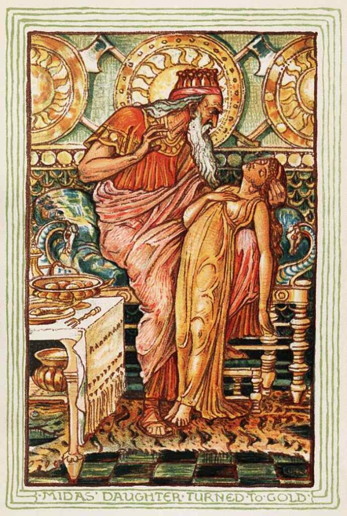1893 tarihli bir Nathaniel Hawthorne kitabından Kral Midas anlatısının çizimi. Midas kızına dokunduğunda onu altına çevirir.