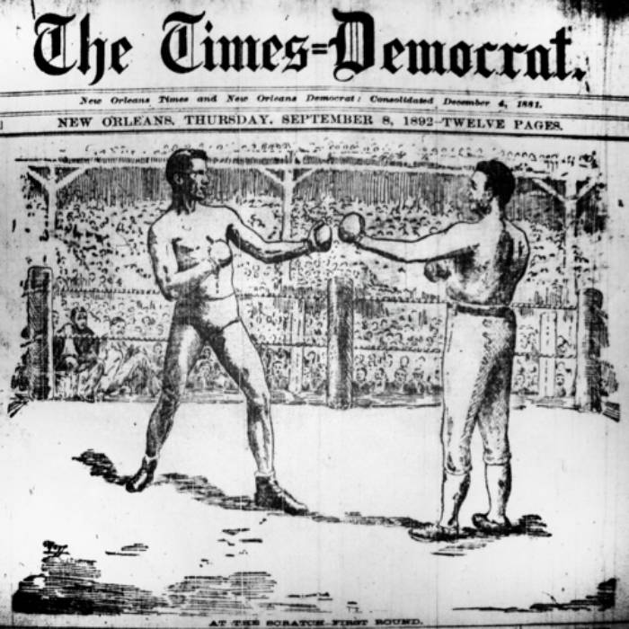 19. yüzyılın ertingü boksörleri Sullivan ve Corbette dövüşü, 1892.