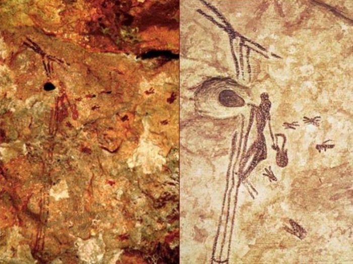 İspanya yakınlarındaki 8.000 yıllık bir mağara resminde tasvir edilen bal arayan kadın.