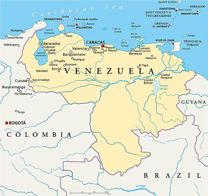 Karayipler'deki ada toprakları ile Venezuela haritası.
