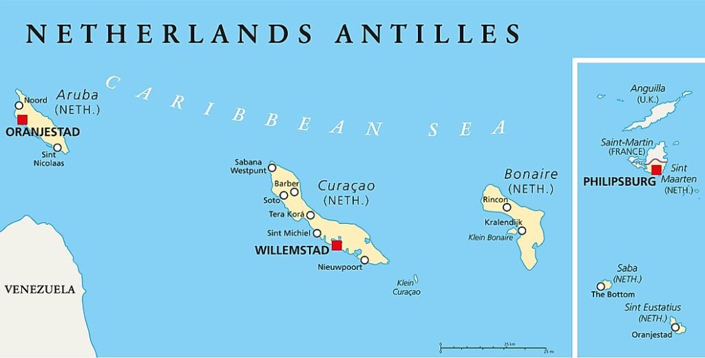 Hollanda'nın Karayipler'deki adaları. Yanda Venezuela.