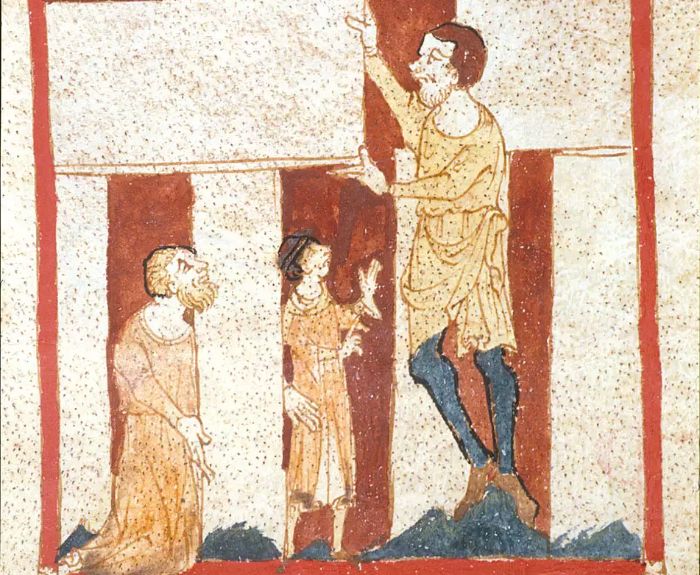 1300'lere ait bir çizimde Merlin, bir deve Stonehenge'i inşa ettiriyor.