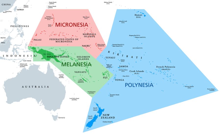 Mikronezya, Polinezya ve Melanezya haritası.