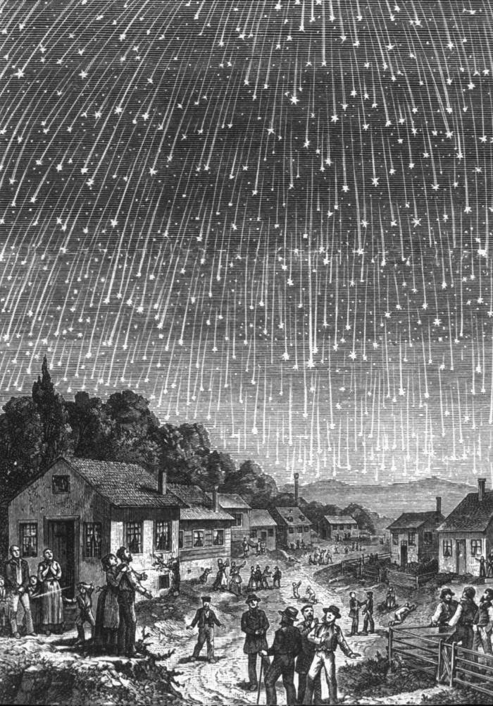 12 Kasım 1833'teki meteor yağmuru o denli şiddetliydi ki dünyanın sonunun geldiği düşünüldü. Saatte 100.000 meteor gökyüzünden geçti. Gravür Adolf Vollmy tarafından çizildi. 