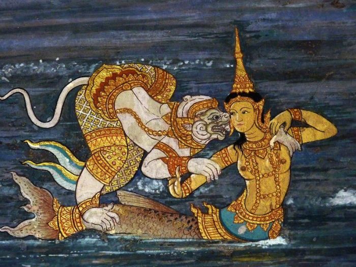 Hanuman'ın denizkızı Suvannamaccha ile buluşmasını betimleyen Ramakien duvar resmi. 1831.