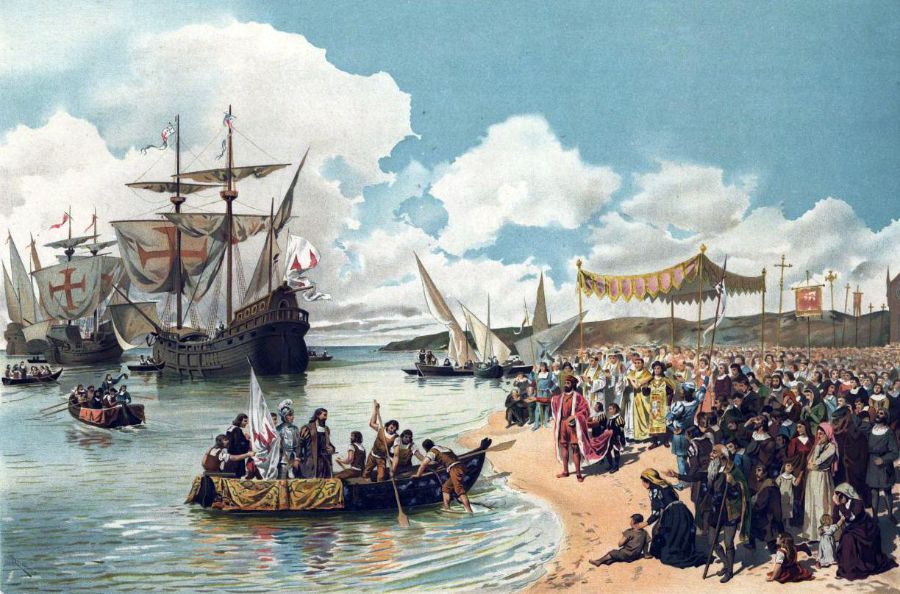 Portekizli denizci Vasco da Gama'nın (1469-1525) Lizbon'dan ayrılışını gösteren Alfredo Roque Gameiro'nun 1900 tablosu. 1497-9'da yapılan yolculukta Avrupa'dan Ümit Burnu üzerinden doğrudan Hindistan'a giden ilk Avrupalı oldu.