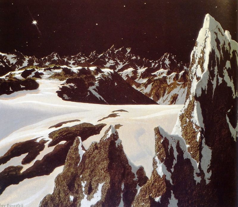 Chesley Bonestell Plüton'un yüzeyinin bu görüntüsünü 1949'da çizdi. NASA'nın New Horizons uzay aracı 60 yıl sonra cüce gezegene ulaştığında gerçekten de buzla kaplı yüksek dağları olduğunu gösterdi.