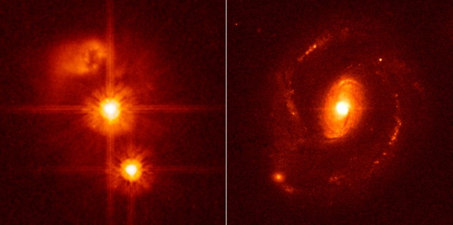 Kuasar enerjik galaksi çekirdeğidir. Soldaki ikili kuasar 5 milyar ışıkyılı uzaklıkta. Sağdaki ise 1,5 milyar ışıkyılı uzaklıkta ve bir galaksinin içinde yer alıyor.