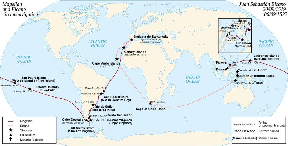 Ferdinand Macellan ve Juan Sebastián Elcano'nun 1519–1522 arasında dünyanın çevresini dolaşan ilk insanlar olurken kullandıkları rotanın haritası.