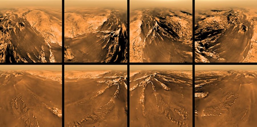 Titan'ın metan karlarıyla kaplı dağları.