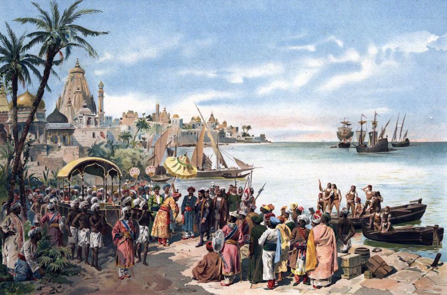 Vasco da Gama'nın Hindistan'da Calicut'a gelişini gösteren Alfredo Roque Gameiro'nun 1900 tablosu.